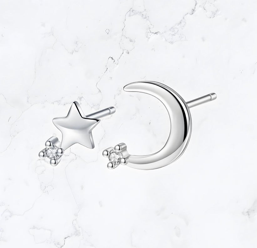 Silver Moon & Star Stud Earrings - Gemineye Jewellery