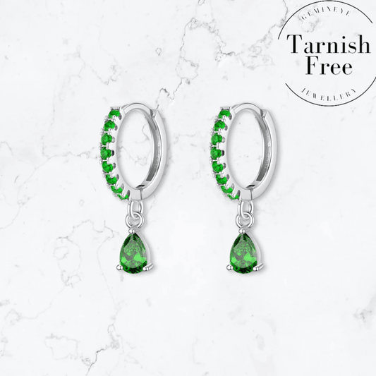 Silver Single Drop Green Huggies - Gemineye Jewellery