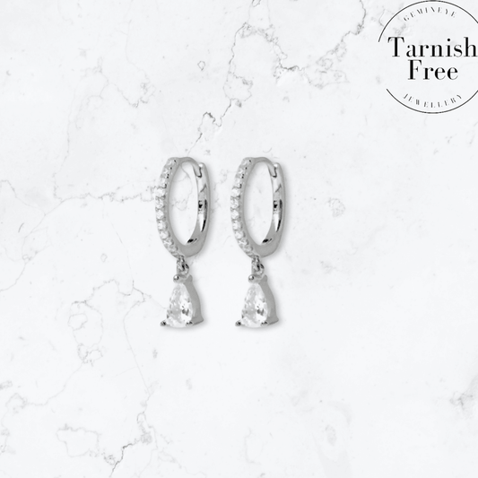 Silver Single Drop Huggies - Gemineye Jewellery