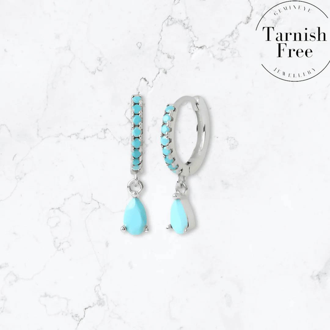 Silver Single Drop Teal Crystal Huggies - Gemineye Jewellery