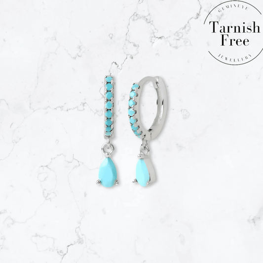 Silver Single Drop Teal Crystal Huggies - Gemineye Jewellery