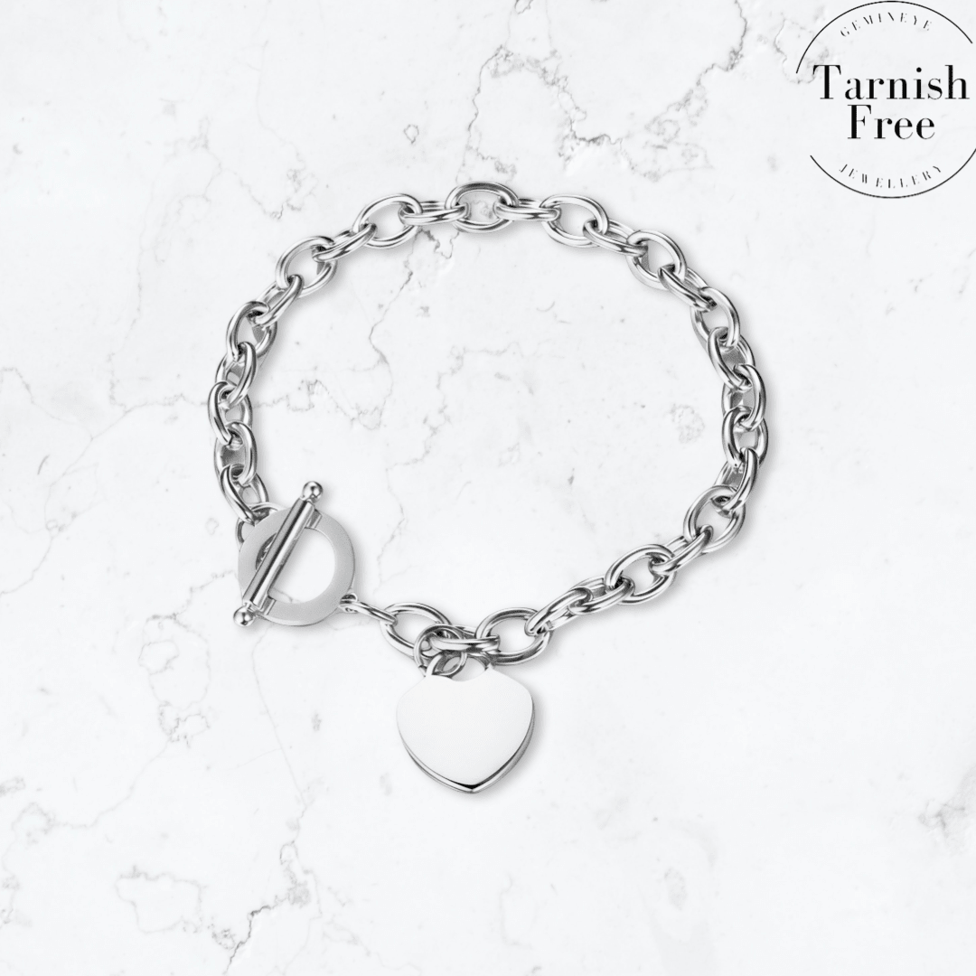 Silver T-Bar Heart Bracelet - Gemineye Jewellery
