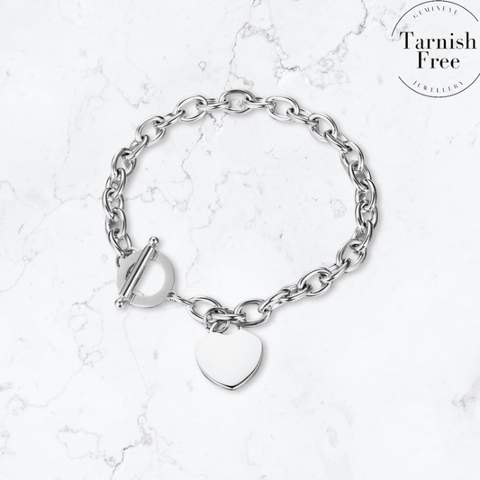 Silver T-Bar Heart Bracelet - Gemineye Jewellery