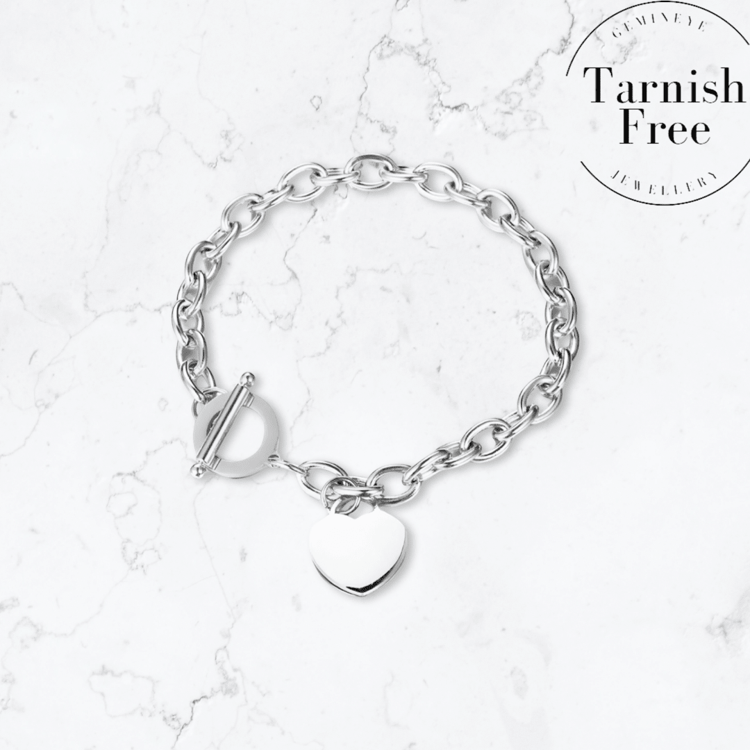 Silver T-Bar Heart Bracelet - Gemineye Jewellery