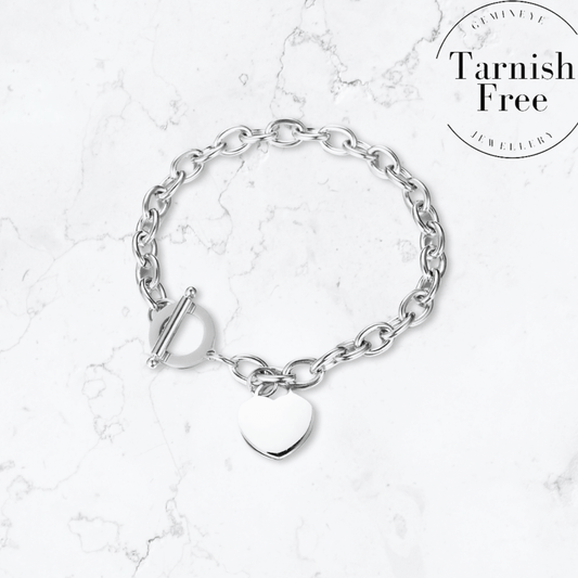 Silver T-Bar Heart Bracelet - Gemineye Jewellery