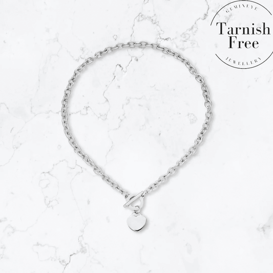 Silver T-Bar Heart Necklace by Gemineye Jewellery