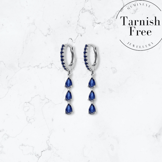 Silver Triple Drop Blue Huggies - Gemineye Jewellery