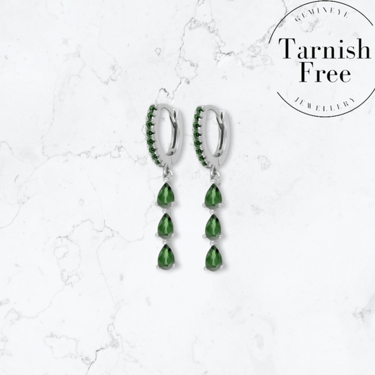 Silver Triple Drop Green Huggies - Gemineye Jewellery