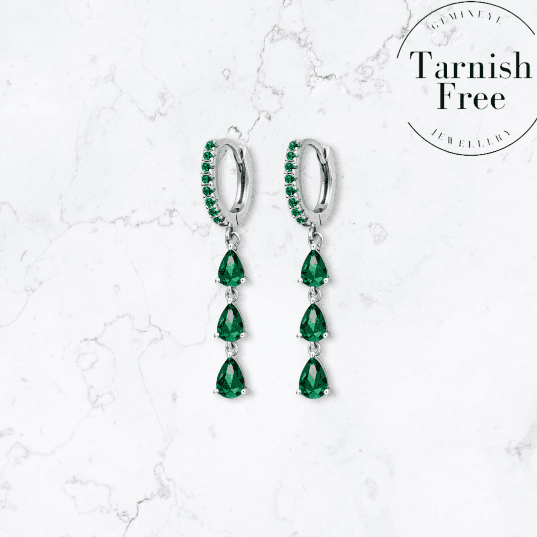 Silver Triple Drop Green Huggies - Gemineye Jewellery