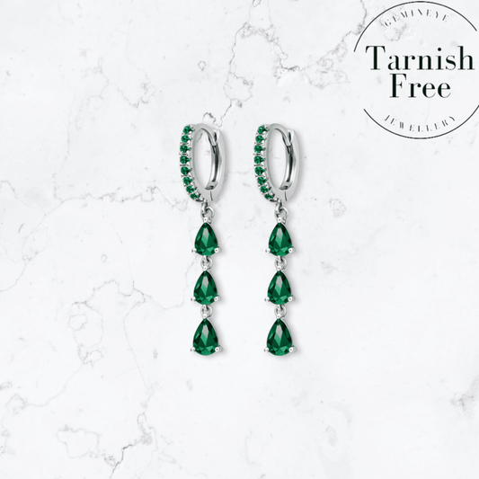 Silver Triple Drop Green Huggies - Gemineye Jewellery