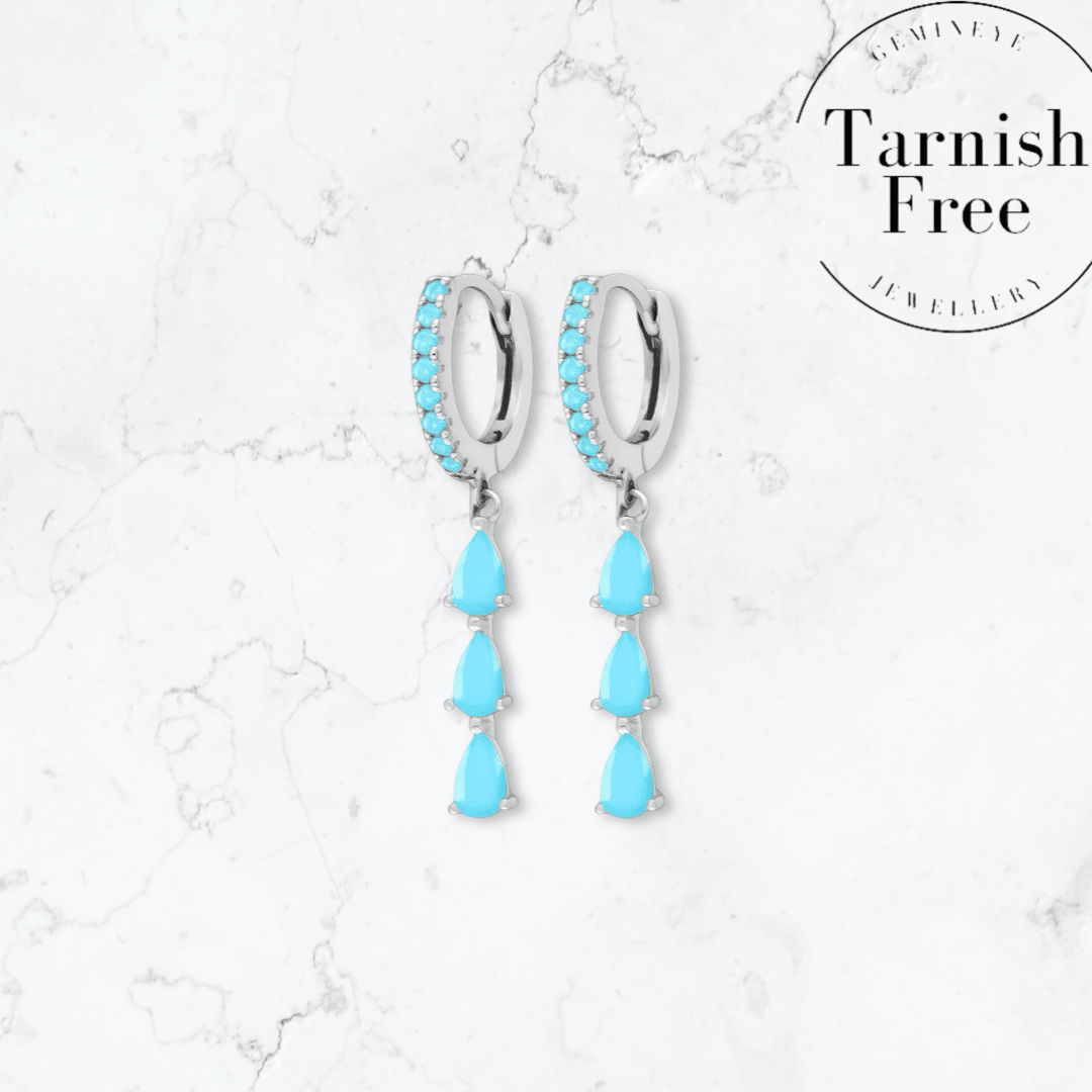 Silver Triple Drop Teal Huggies - Gemineye Jewellery