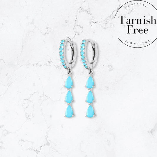 Silver Triple Drop Teal Huggies - Gemineye Jewellery
